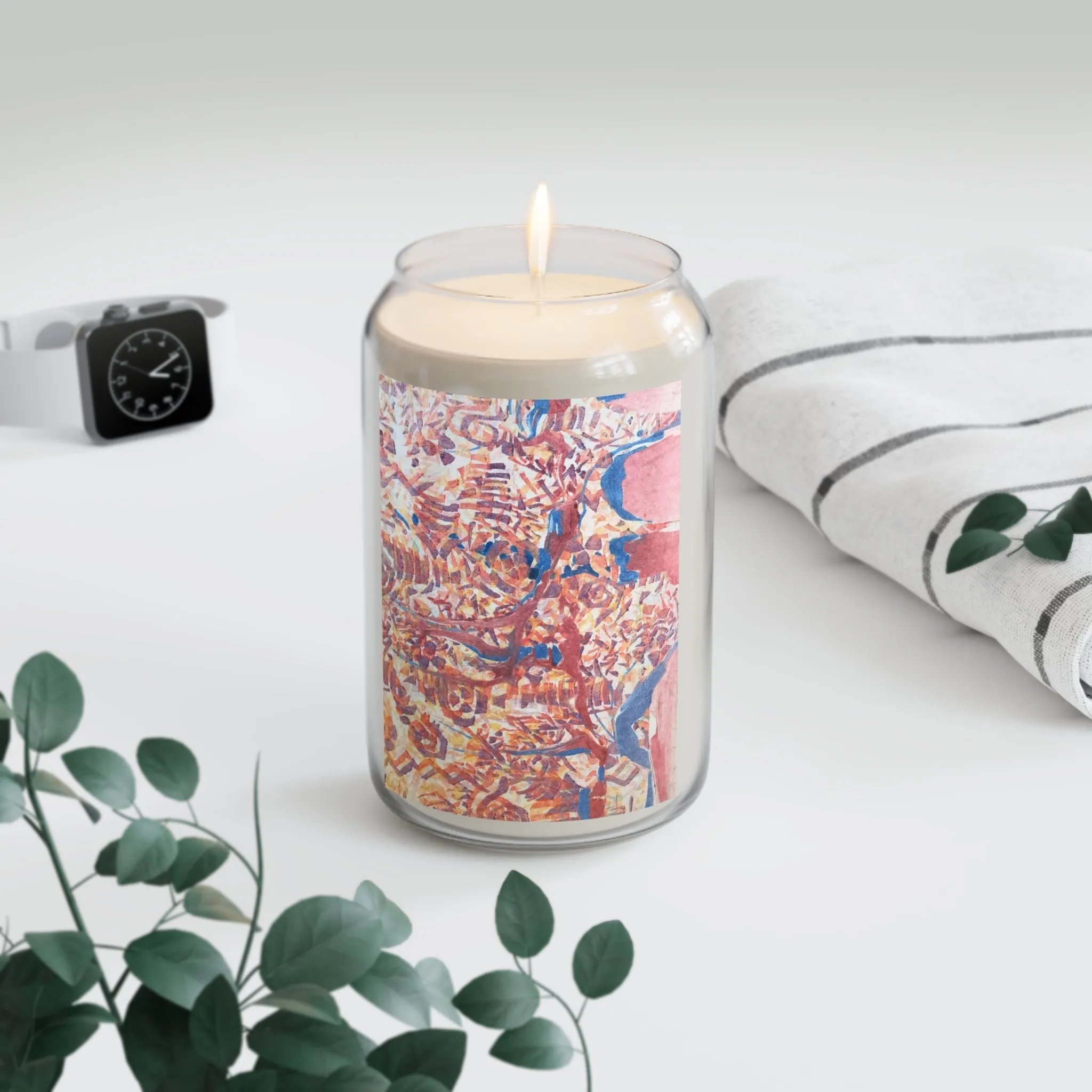 13.75oz Eco-Friendly Scented or Unscented Soy Wax Candle Jar with 'Abstract Fusion' Abstract Artwork by American Artist Barbara Cleary