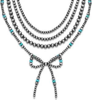 4pcs Western Navajo Pearl Stackble Necklace Jewelry For Women Beaded Chain Bow Pendant Boho Handmade Long Layered Country Concert Necklace Set
