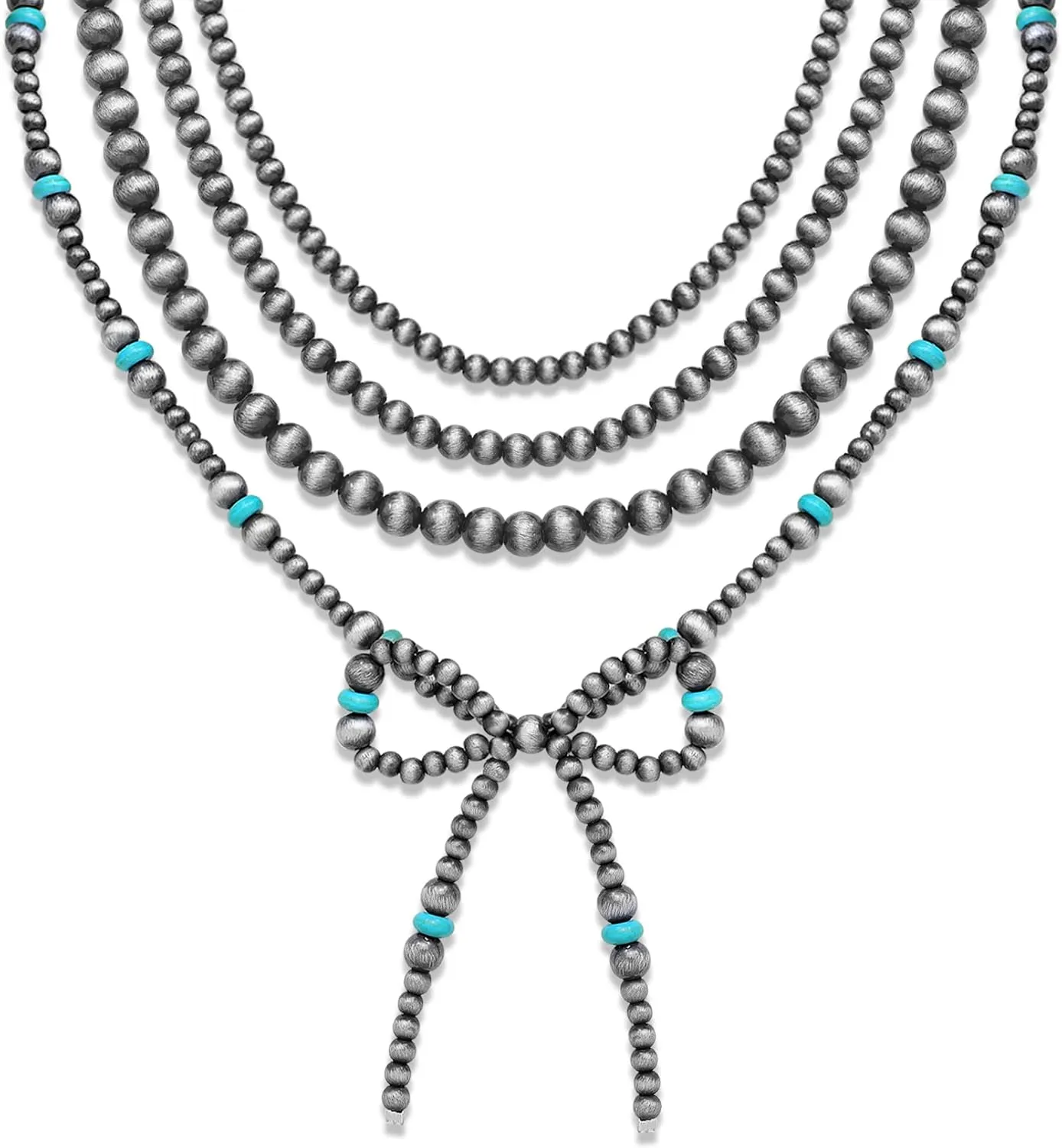 4pcs Western Navajo Pearl Stackble Necklace Jewelry For Women Beaded Chain Bow Pendant Boho Handmade Long Layered Country Concert Necklace Set
