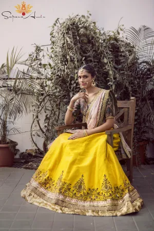 Abstract Print Blouse and Mustard Paneled Lehenga  Elegant  Wear
