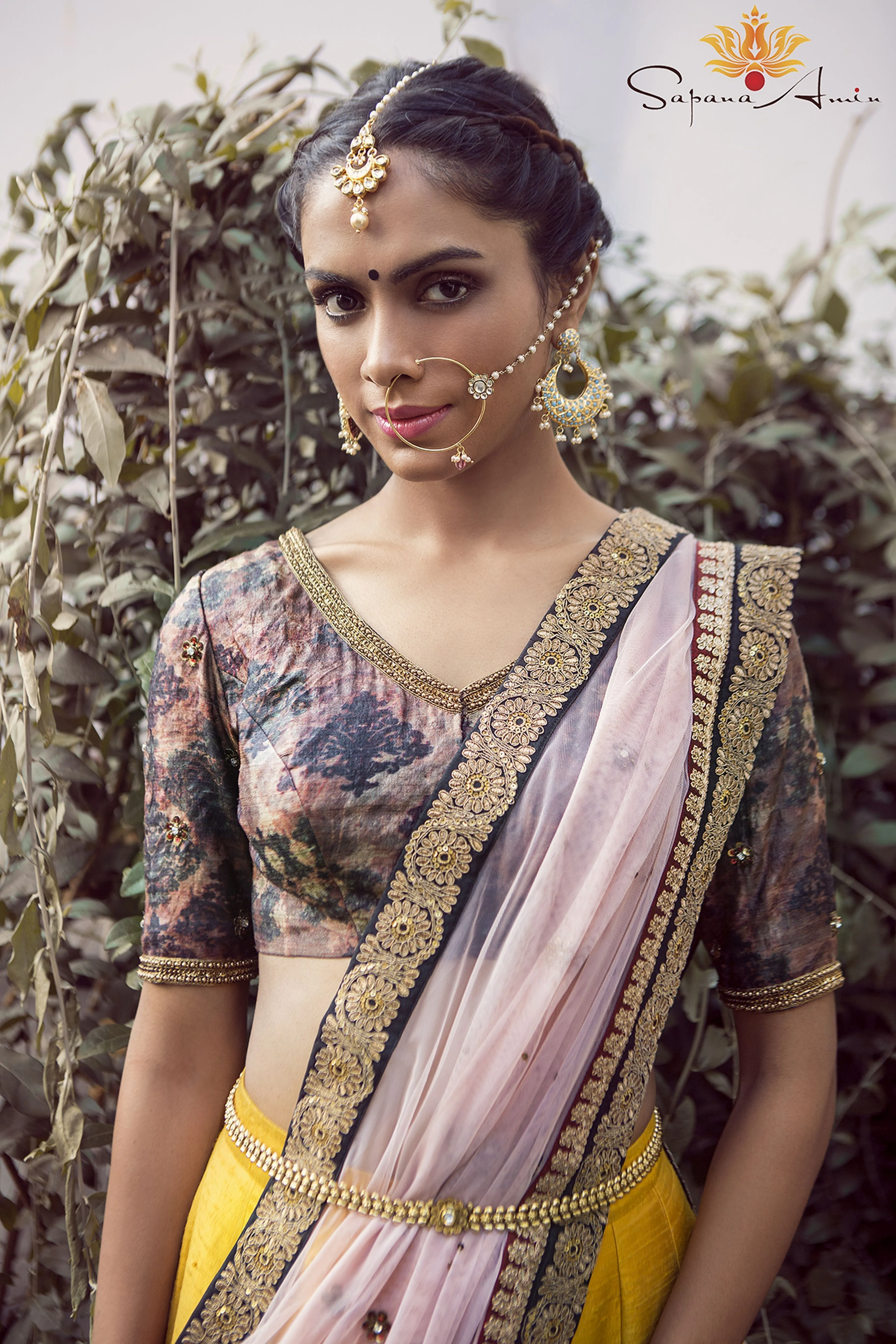 Abstract Print Blouse and Mustard Paneled Lehenga  Elegant  Wear