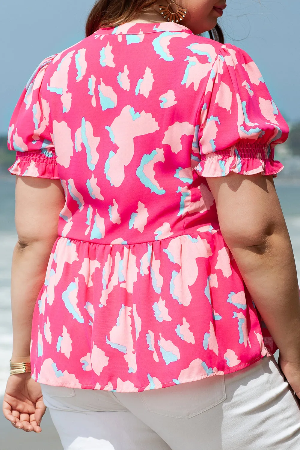 Abstract Print Puff Sleeve V Neck Blouse