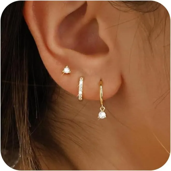 Gold Earrings Set for Women, Dainty 14k Gold/Silver Plated Hoop Earrings for Women Trendy Lightweight Multiple Piercing Huggie Earrings Hypoallergenic Small Gold Cartilage Hoop Earrings Gold Jewelry for Women