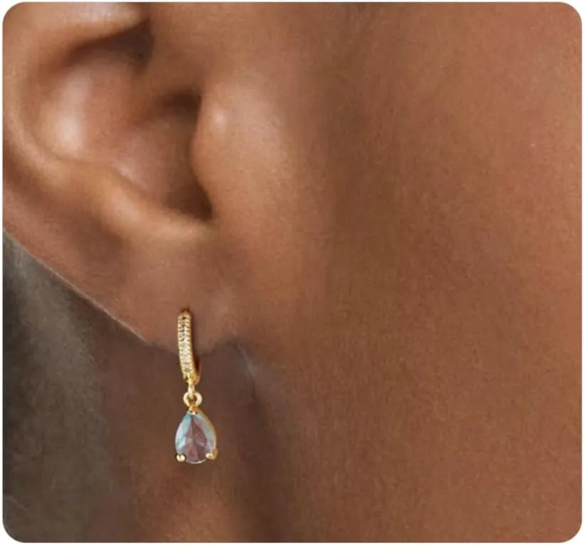 Kyerlyn Birthstone Hoop Earrings for Women, Teardrop Birthstone Dangle Earrings Dainty Hoop Huggie Earrings Personalized Crystal Charm Minimalist Jewelry Birthday Gifts