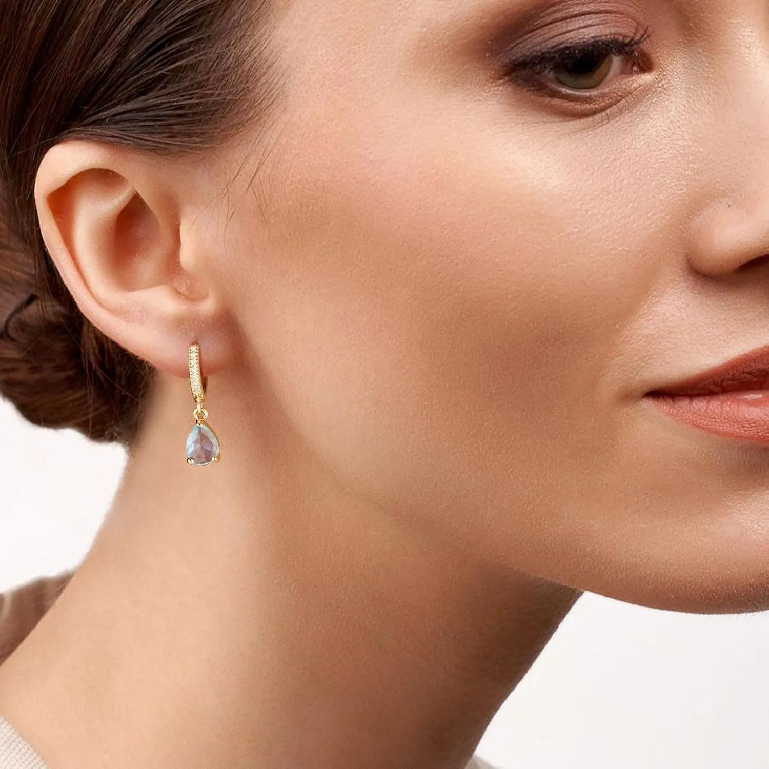 Kyerlyn Birthstone Hoop Earrings for Women, Teardrop Birthstone Dangle Earrings Dainty Hoop Huggie Earrings Personalized Crystal Charm Minimalist Jewelry Birthday Gifts