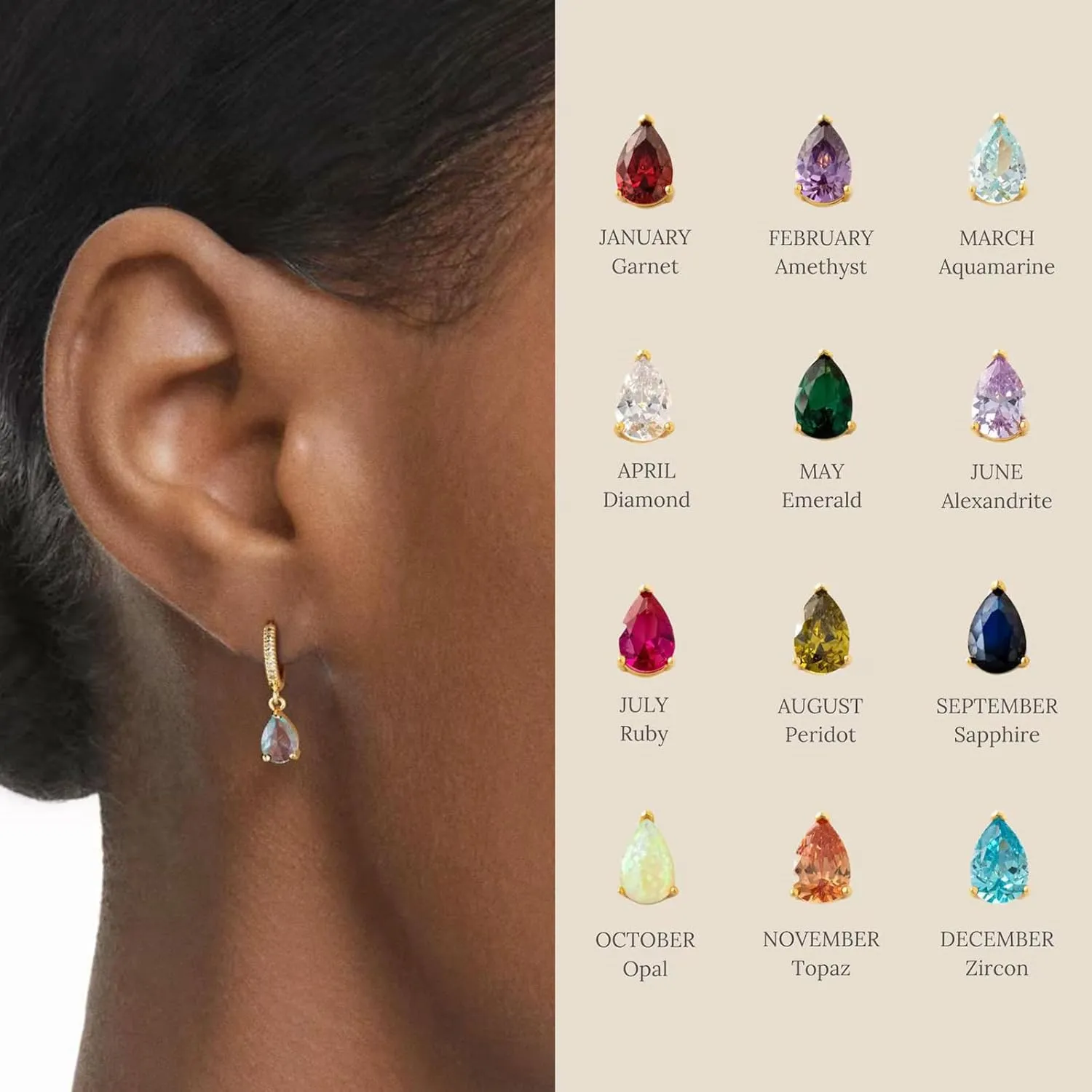 Kyerlyn Birthstone Hoop Earrings for Women, Teardrop Birthstone Dangle Earrings Dainty Hoop Huggie Earrings Personalized Crystal Charm Minimalist Jewelry Birthday Gifts