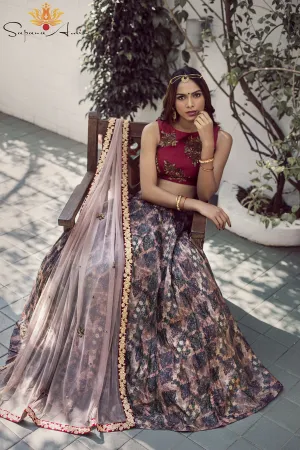 Maroon Blouse Abstract Print Lehenga Set  Indian Bridal Fashion.