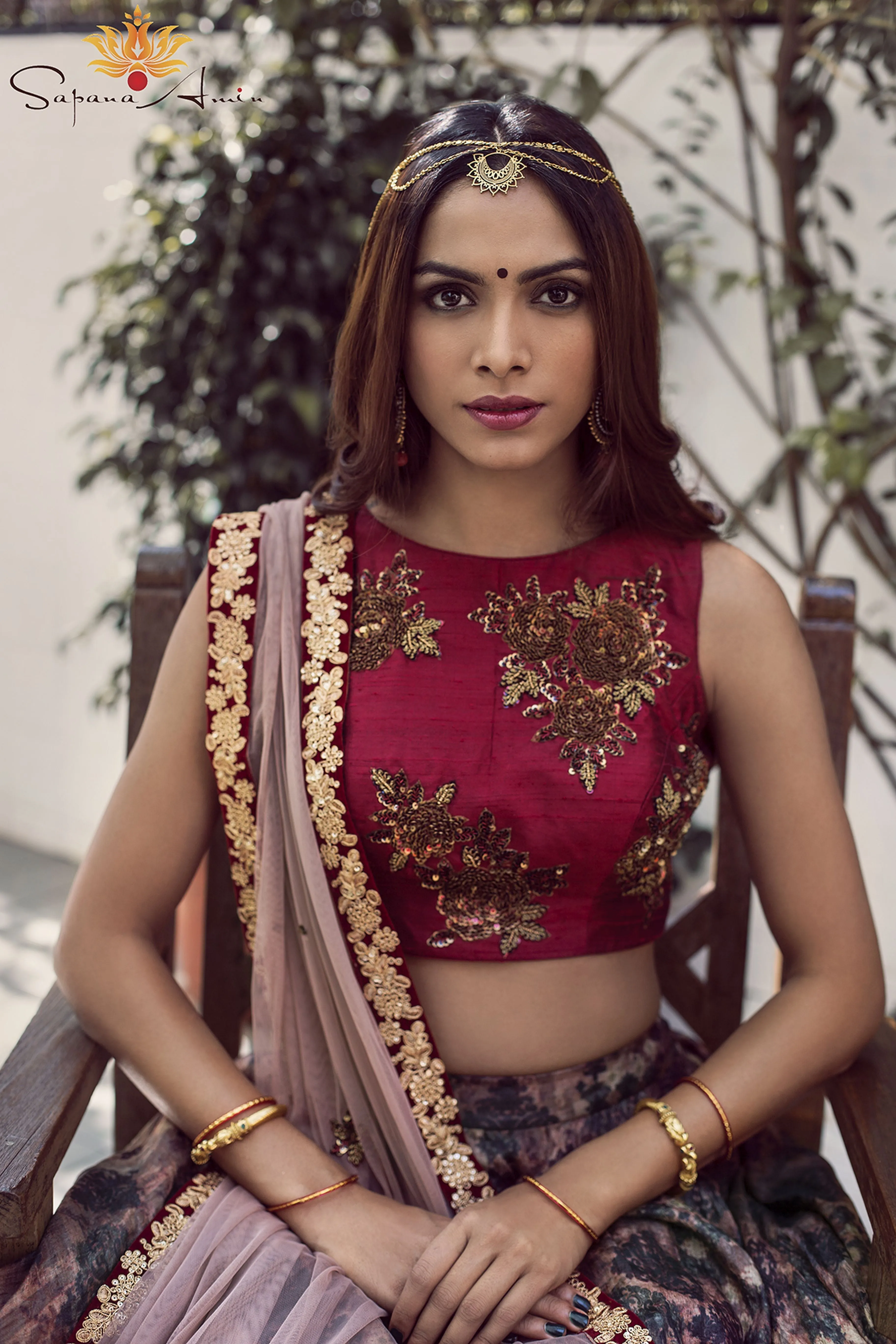 Maroon Blouse Abstract Print Lehenga Set  Indian Bridal Fashion.