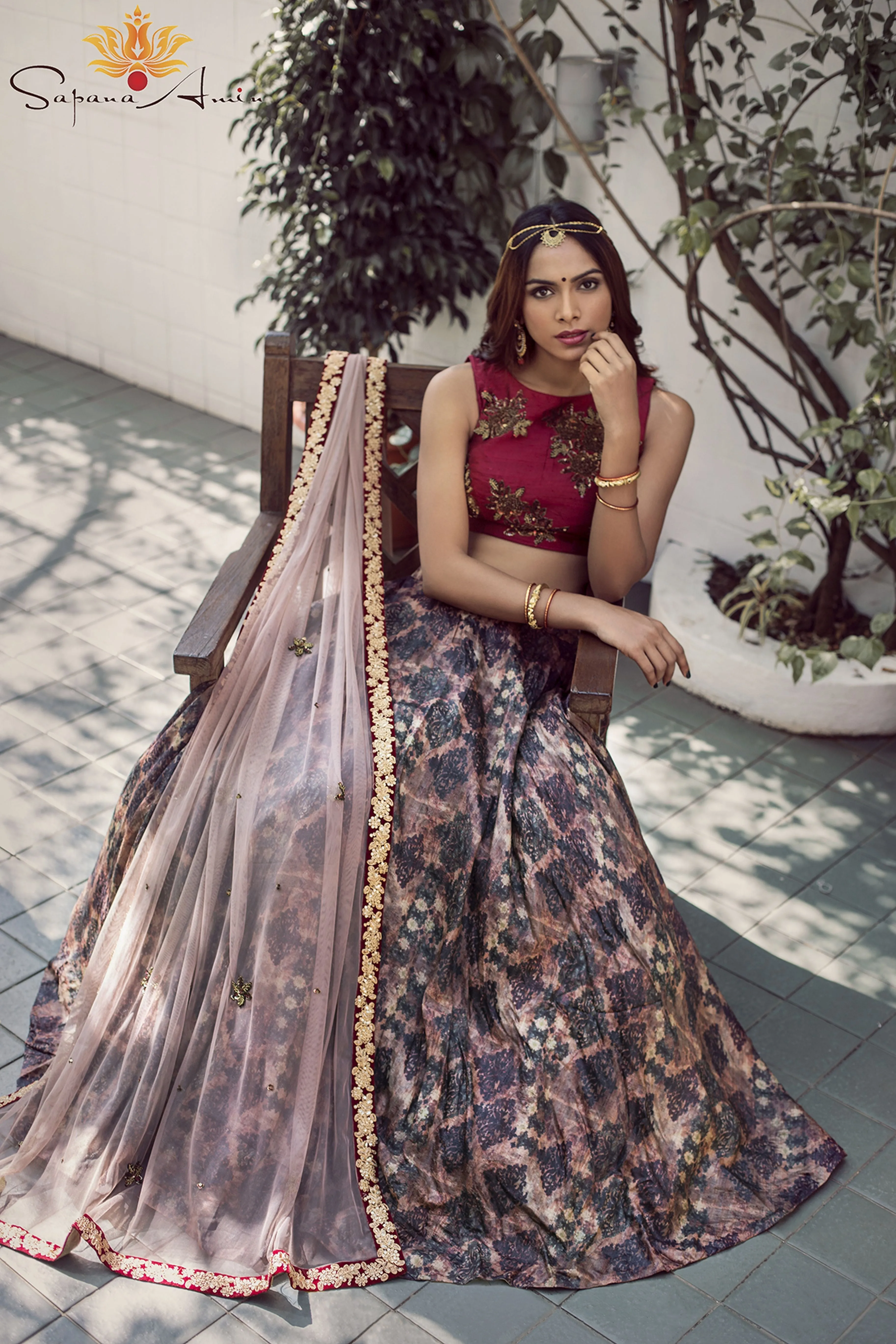 Maroon Blouse Abstract Print Lehenga Set  Indian Bridal Fashion.