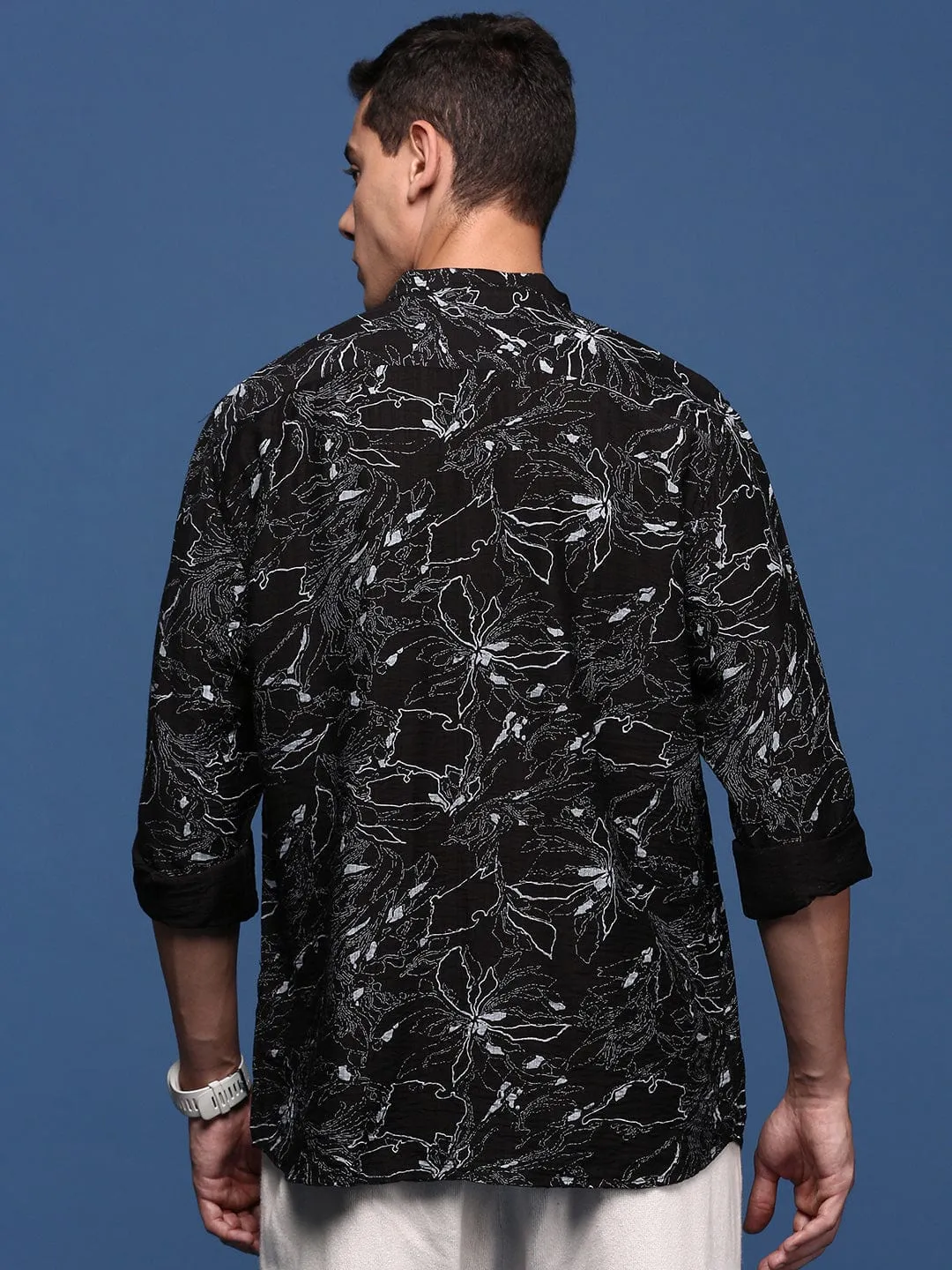 Men Mandarin Collar Abstract Black Slim Fit Shirt