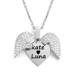 Personalized Women Chain Necklace Custom Engraved Heart Name Openable Heart Crystal Wings Pendant Neklace Valentine Day Gift