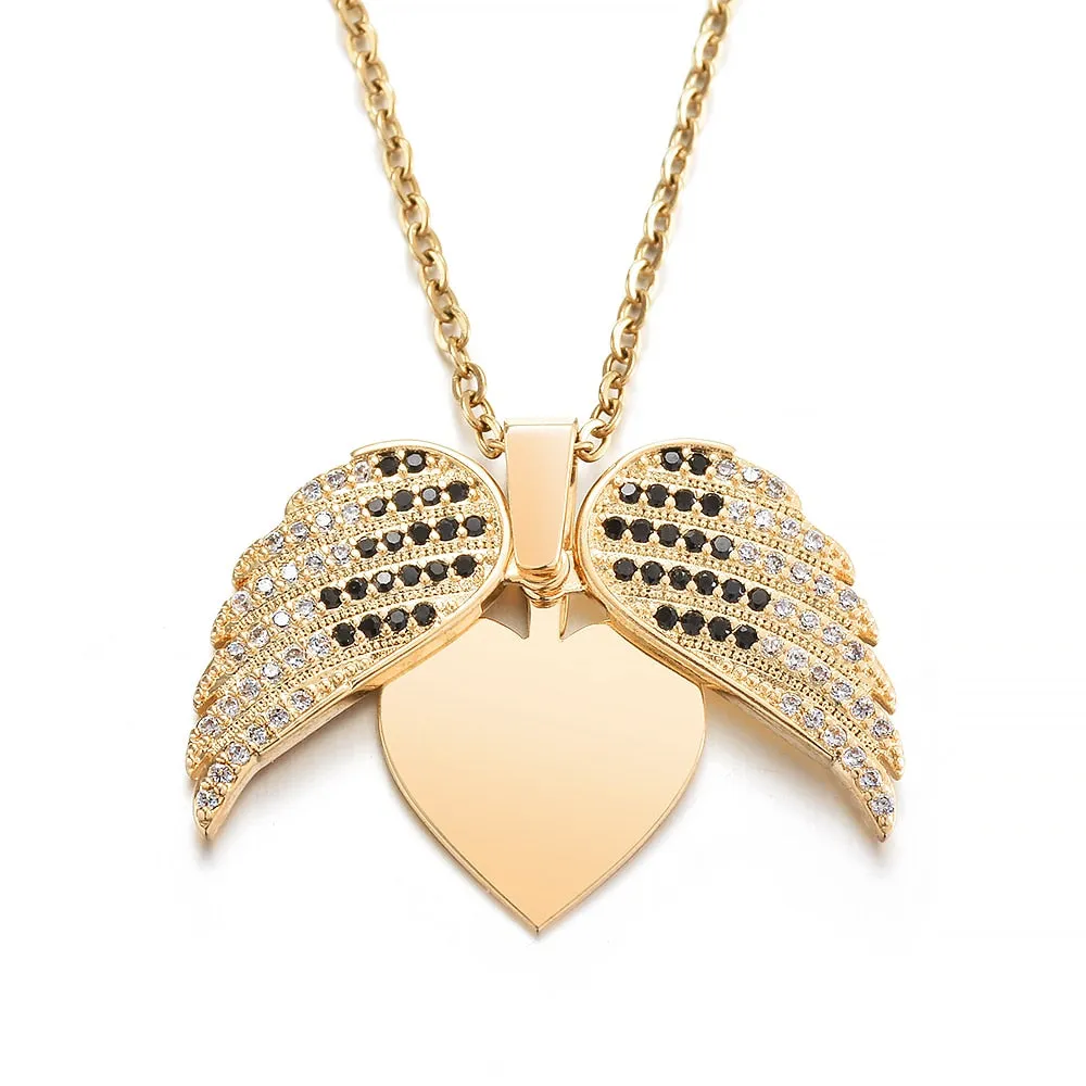 Personalized Women Chain Necklace Custom Engraved Heart Name Openable Heart Crystal Wings Pendant Neklace Valentine Day Gift