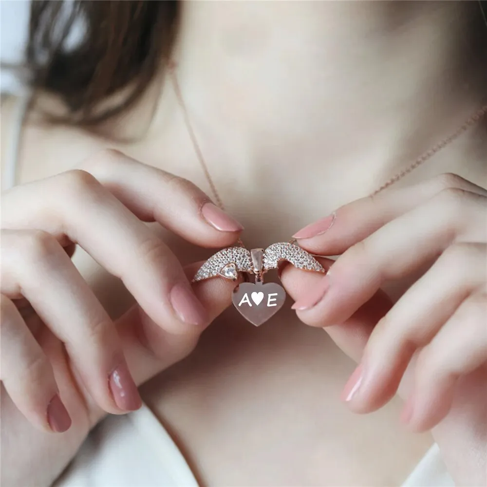 Personalized Women Chain Necklace Custom Engraved Heart Name Openable Heart Crystal Wings Pendant Neklace Valentine Day Gift