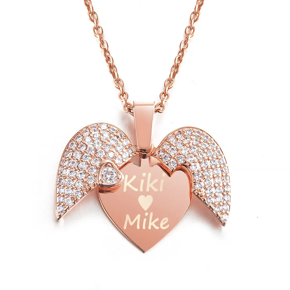 Personalized Women Chain Necklace Custom Engraved Heart Name Openable Heart Crystal Wings Pendant Neklace Valentine Day Gift