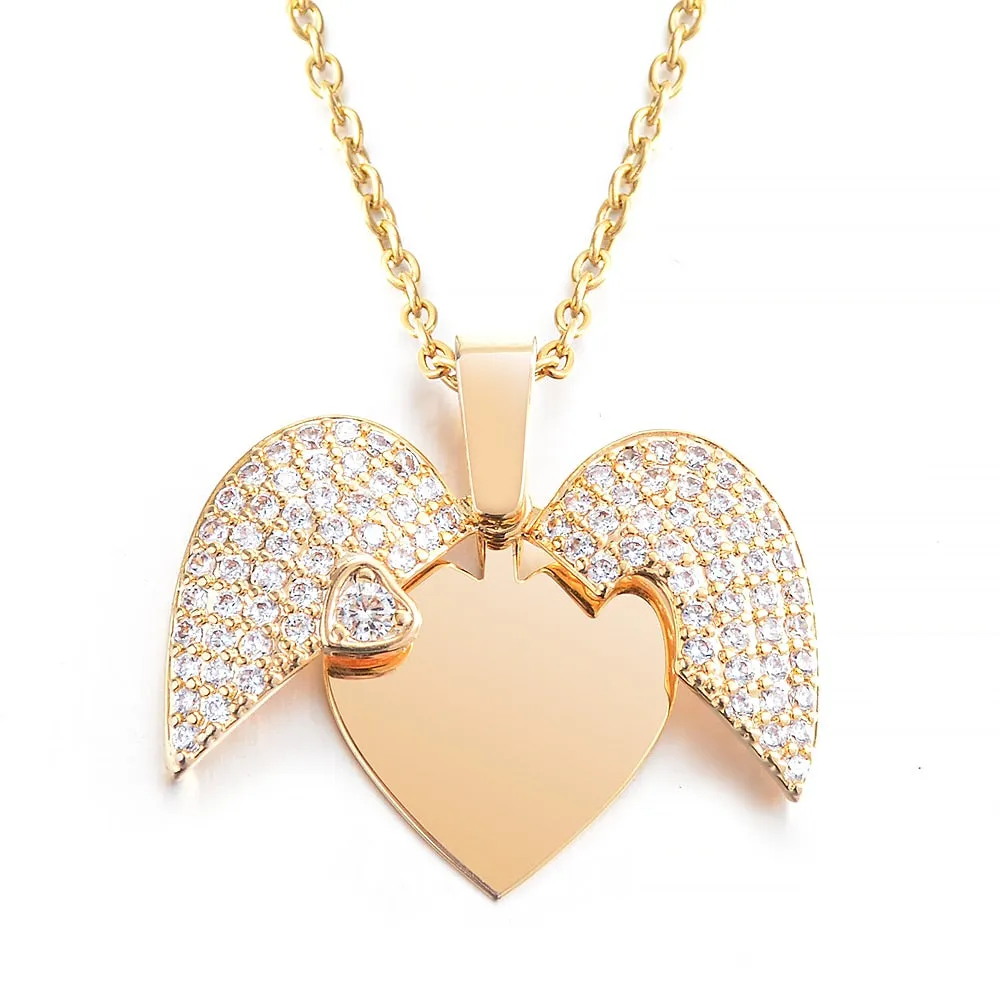 Personalized Women Chain Necklace Custom Engraved Heart Name Openable Heart Crystal Wings Pendant Neklace Valentine Day Gift