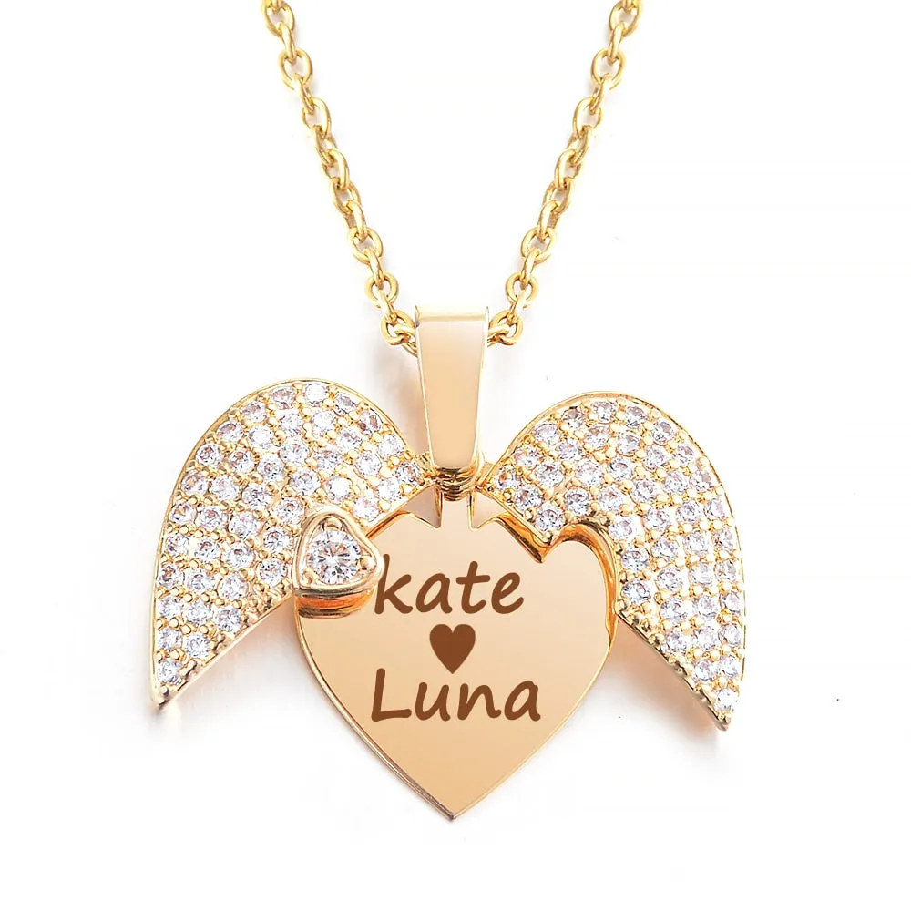 Personalized Women Chain Necklace Custom Engraved Heart Name Openable Heart Crystal Wings Pendant Neklace Valentine Day Gift