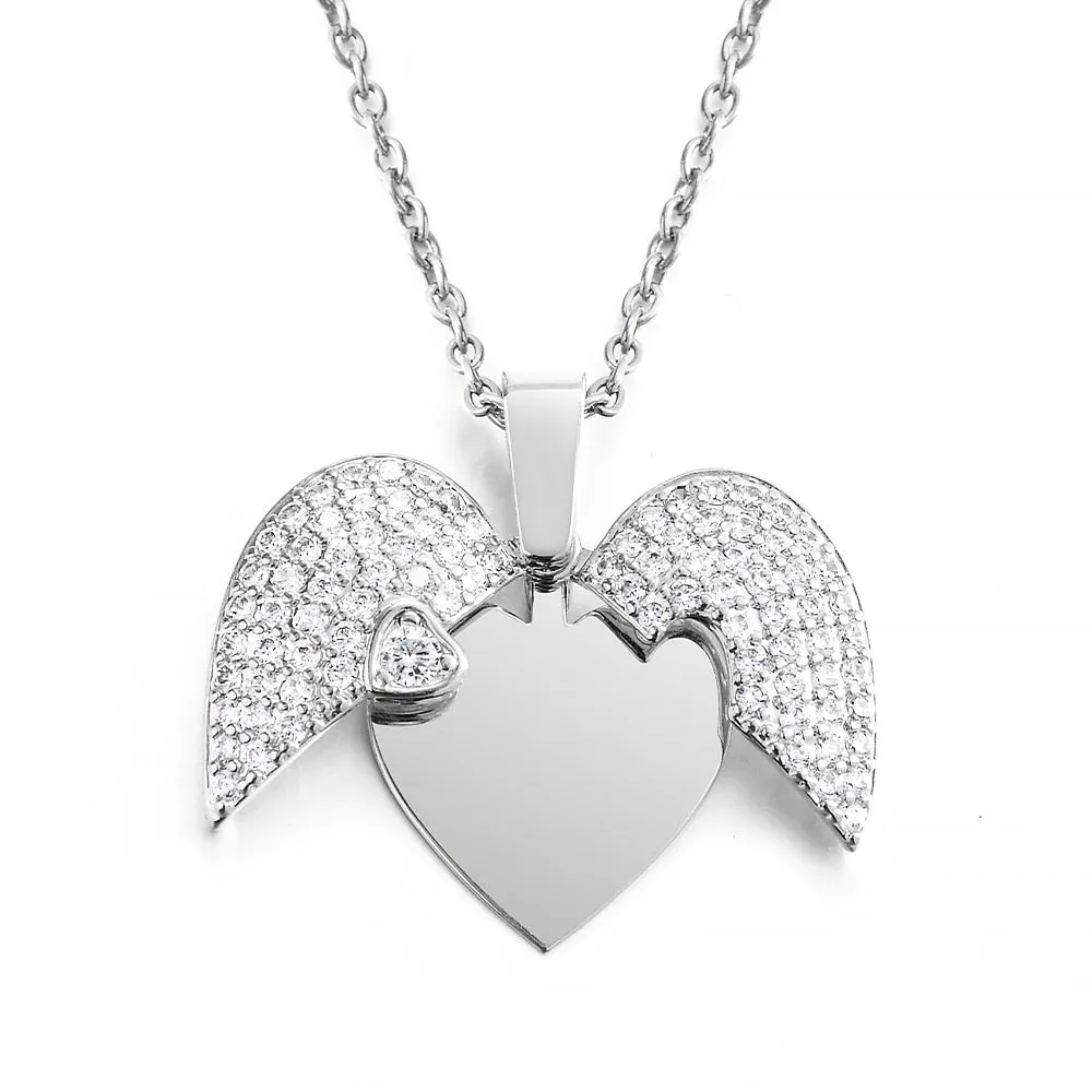 Personalized Women Chain Necklace Custom Engraved Heart Name Openable Heart Crystal Wings Pendant Neklace Valentine Day Gift
