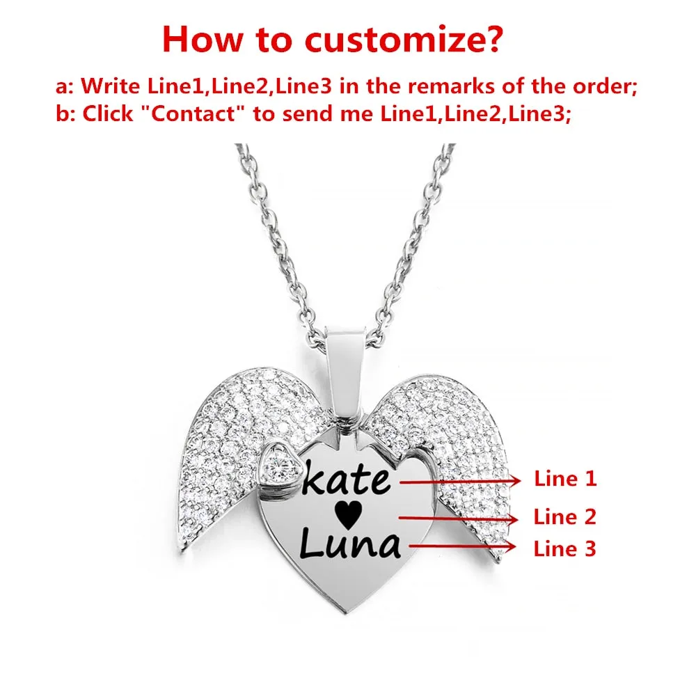 Personalized Women Chain Necklace Custom Engraved Heart Name Openable Heart Crystal Wings Pendant Neklace Valentine Day Gift