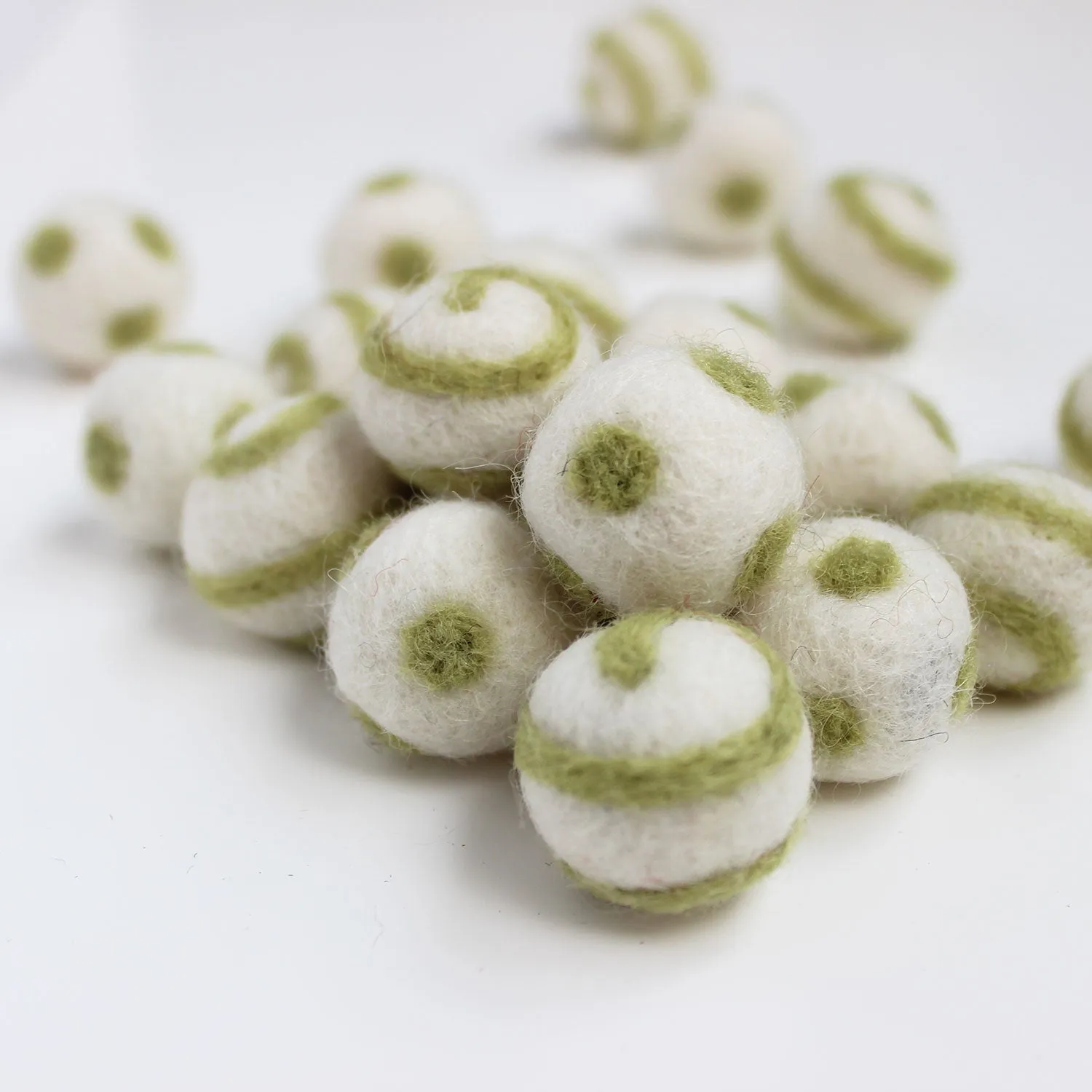 Polka Dot Swirl Felt Balls Olive Green On White