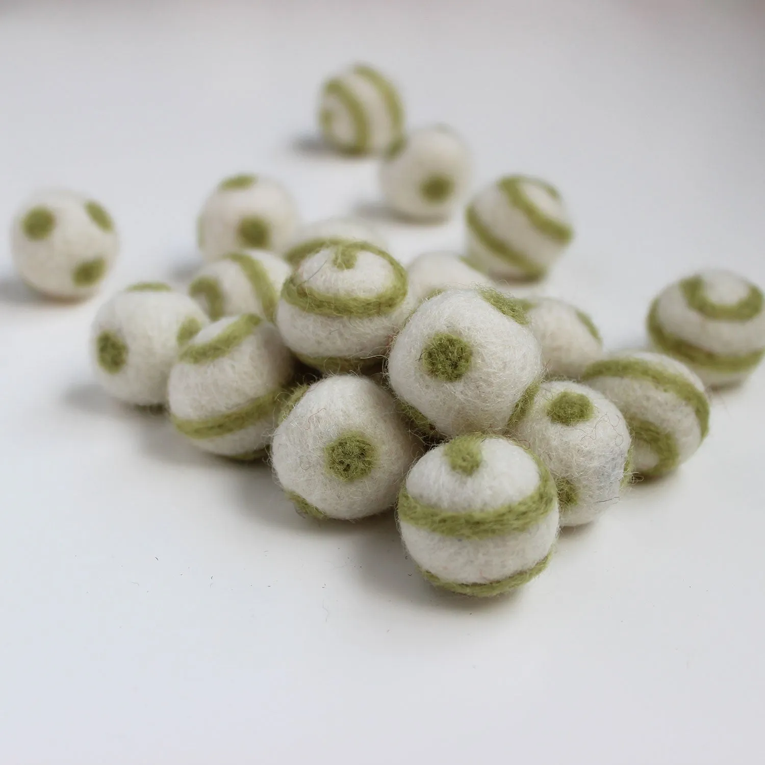 Polka Dot Swirl Felt Balls Olive Green On White