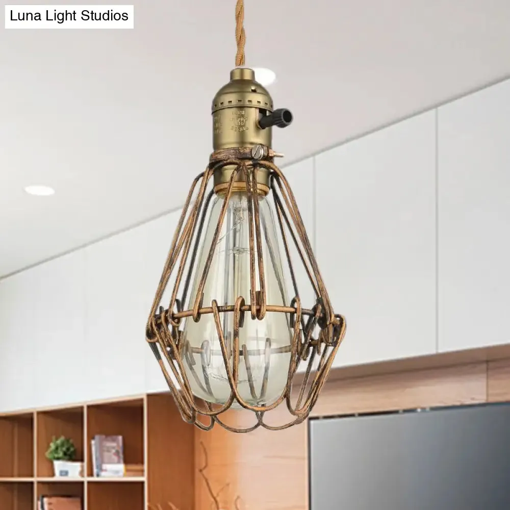 Rustic Diamond Cage Hanging Light Pendant for Restaurants - 1 Head, Wrought Iron Design in Black/Brass