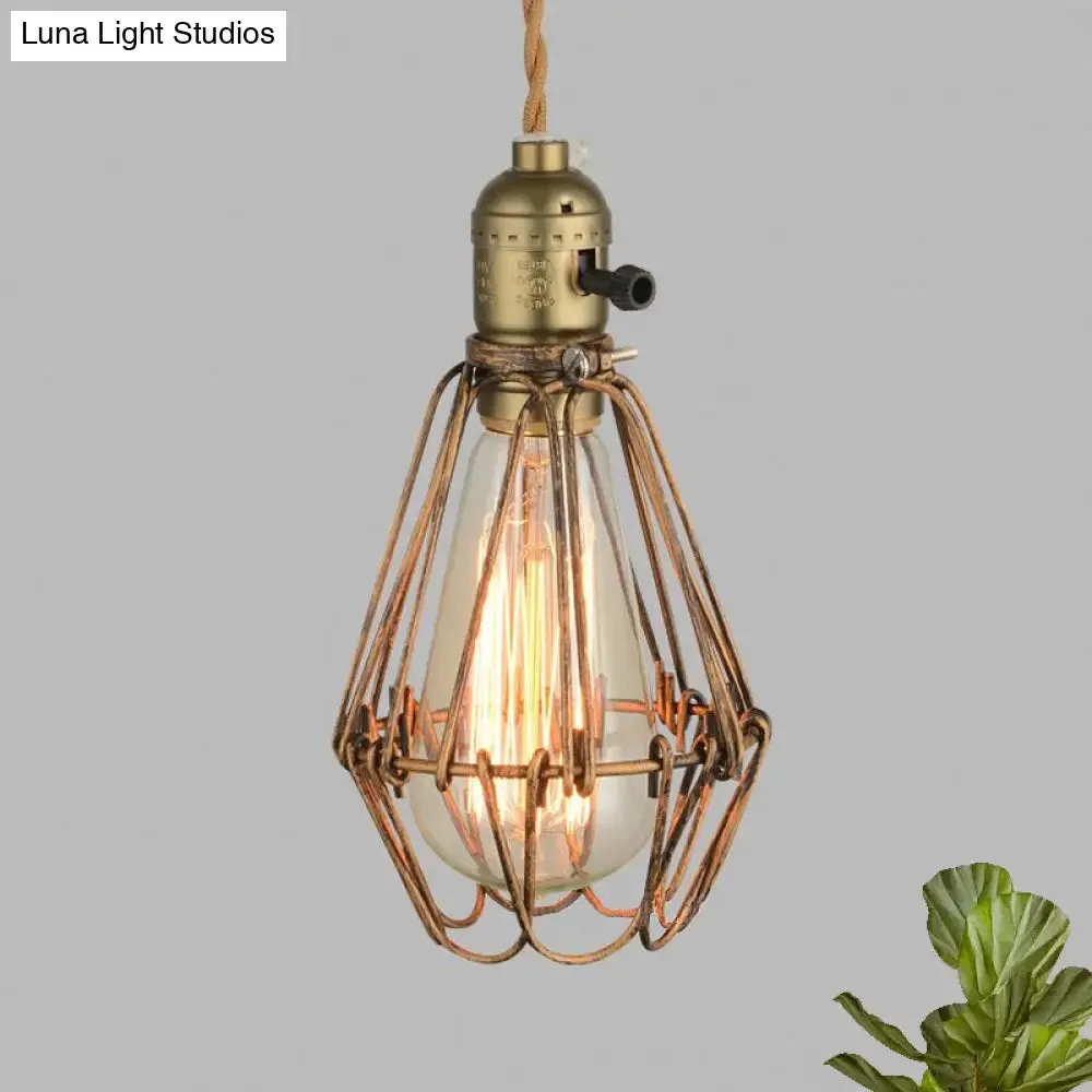 Rustic Diamond Cage Hanging Light Pendant for Restaurants - 1 Head, Wrought Iron Design in Black/Brass