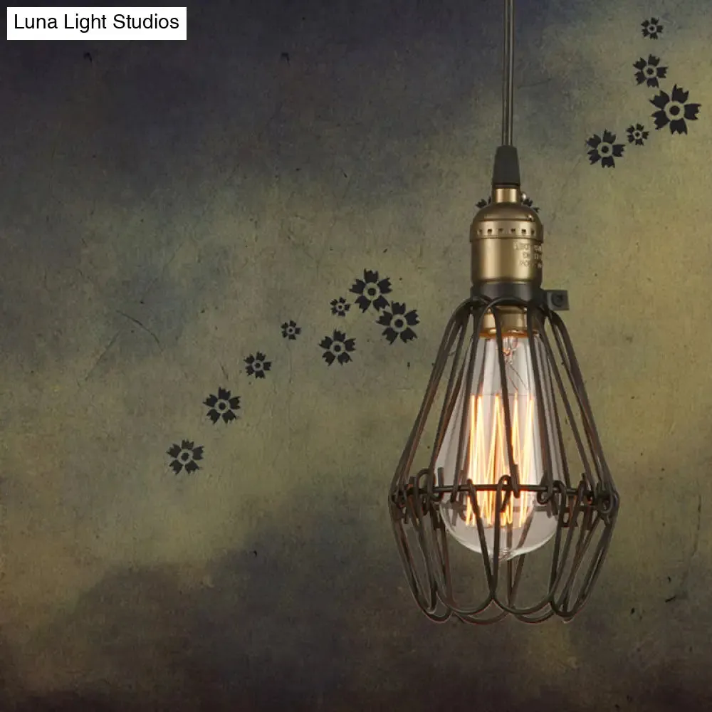 Rustic Diamond Cage Hanging Light Pendant for Restaurants - 1 Head, Wrought Iron Design in Black/Brass