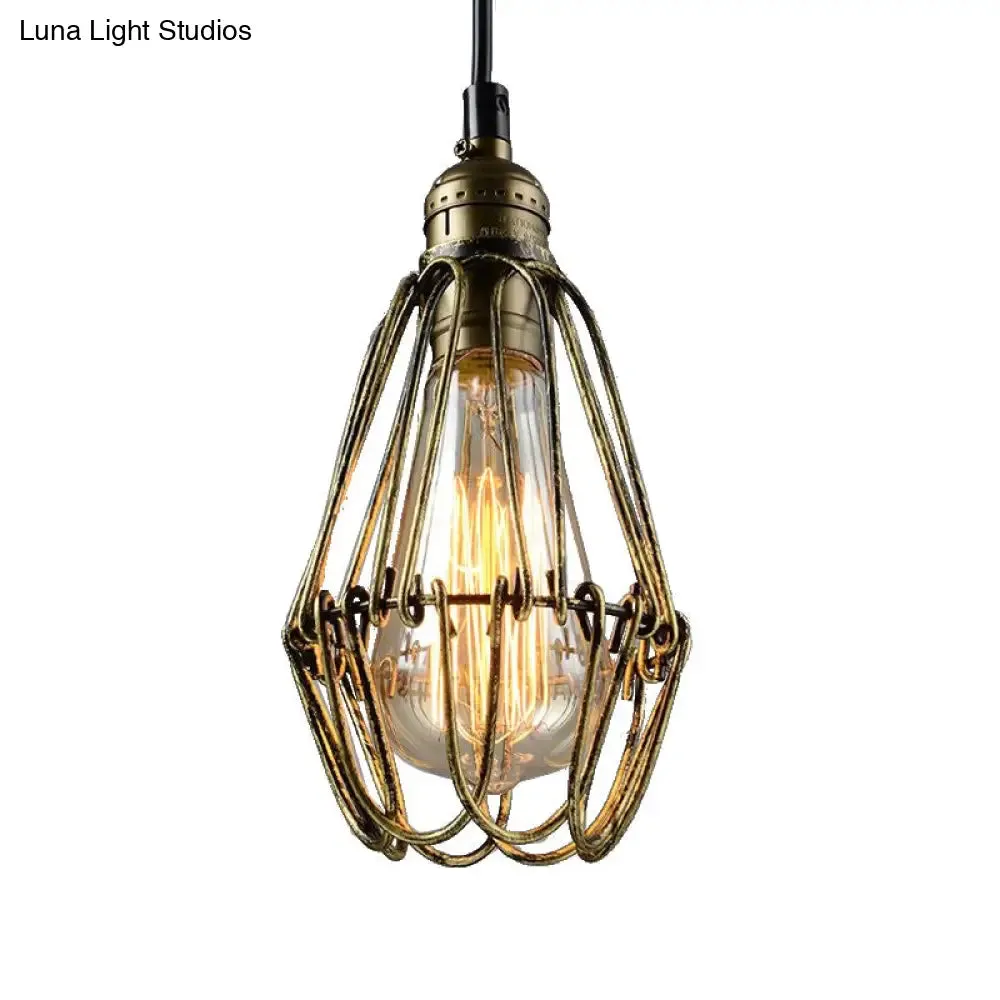 Rustic Diamond Cage Hanging Light Pendant for Restaurants - 1 Head, Wrought Iron Design in Black/Brass