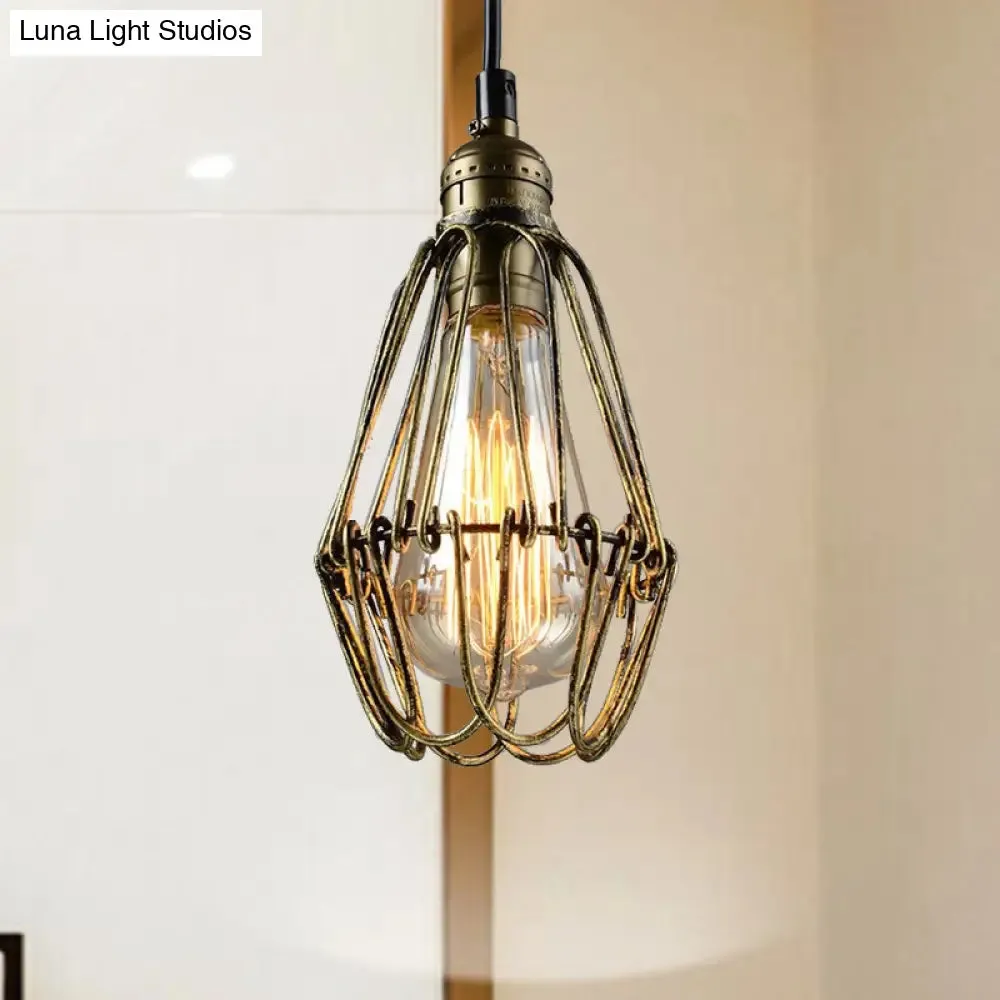 Rustic Diamond Cage Hanging Light Pendant for Restaurants - 1 Head, Wrought Iron Design in Black/Brass