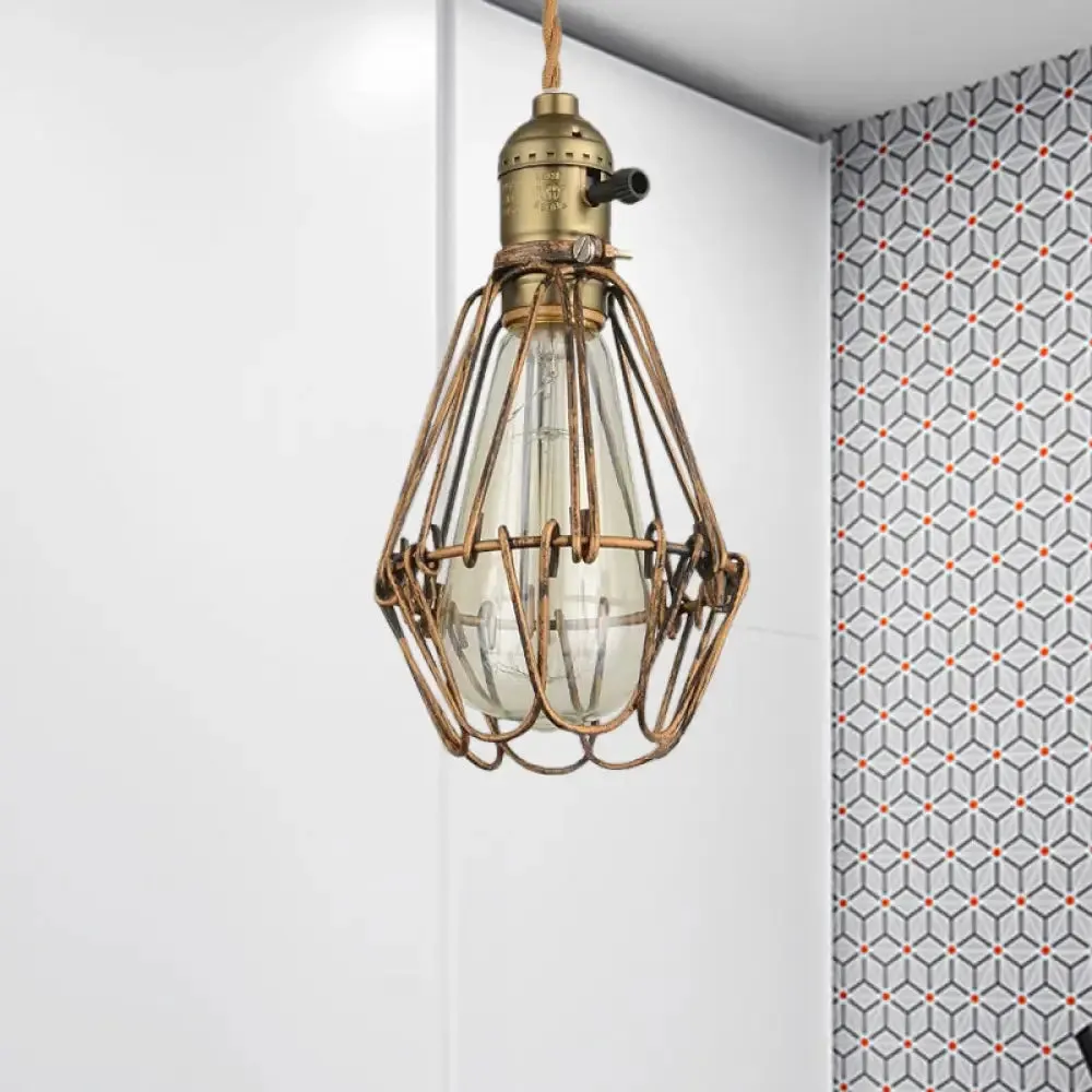 Rustic Diamond Cage Hanging Light Pendant for Restaurants - 1 Head, Wrought Iron Design in Black/Brass