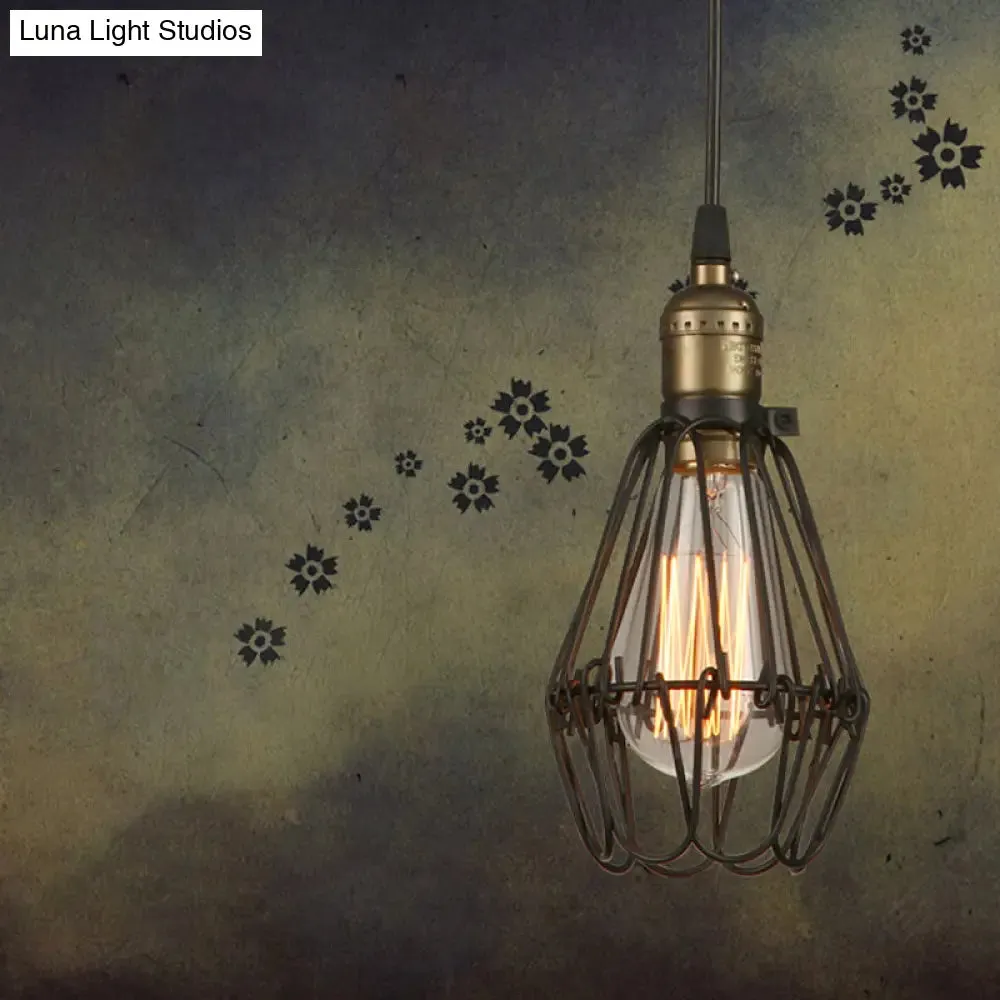 Rustic Diamond Cage Hanging Light Pendant for Restaurants - 1 Head, Wrought Iron Design in Black/Brass