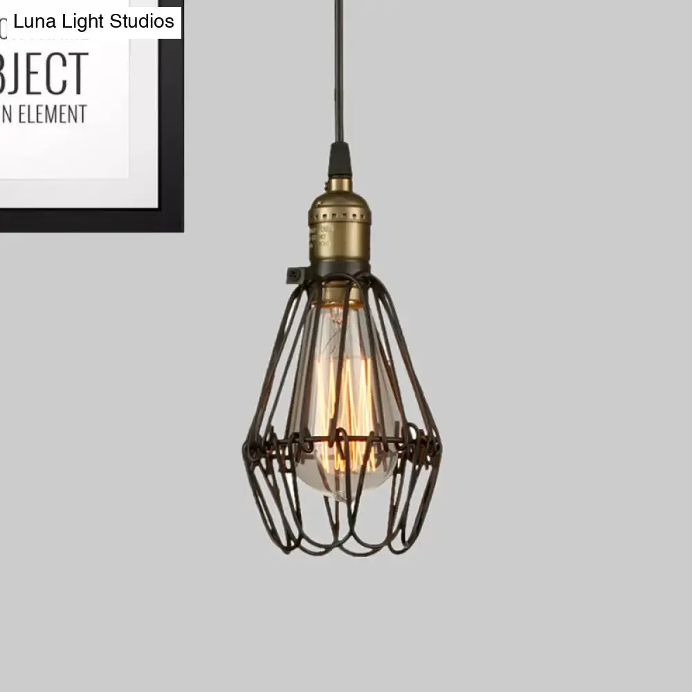 Rustic Diamond Cage Hanging Light Pendant for Restaurants - 1 Head, Wrought Iron Design in Black/Brass