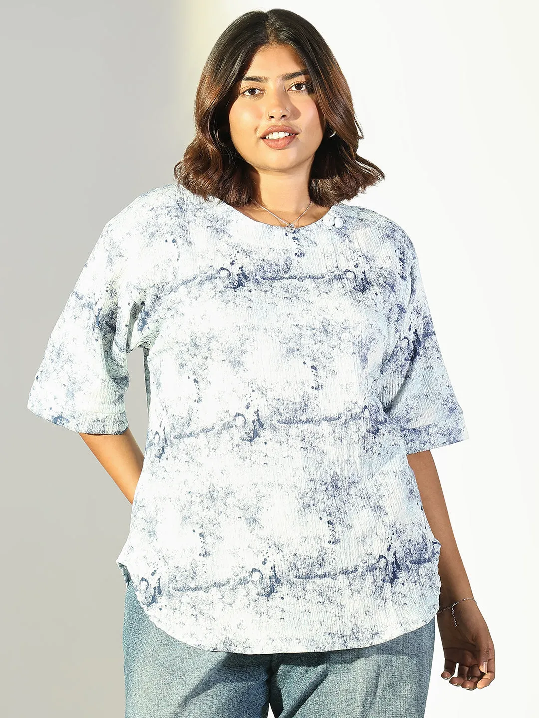 Women Blue Abstract Printed Cotton Regular Top